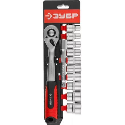 Набор ЗУБР &quot;МАСТЕР&quot;: Торцовые головки (1/2&quot;) на пластиковом рельсе, трещотка, удлинитель, Cr-V, 10-24мм, 12 предметов 27647-H12 купить в Нягани