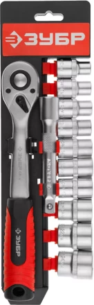 Набор ЗУБР &quot;МАСТЕР&quot;: Торцовые головки (1/2&quot;) на пластиковом рельсе, трещотка, удлинитель, Cr-V, 10-24мм, 12 предметов 27647-H12 купить в Нягани