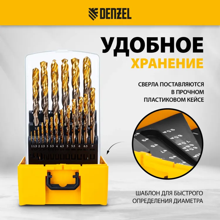 Набор сверл по металлу Denzel 723010, 1-13 мм, Р6М5К8-TiN, Golden Tip, 25 шт купить в Нягани