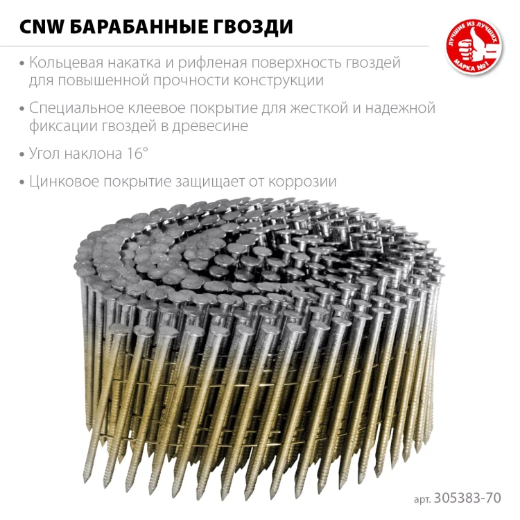ЗУБР CNW 70 х 3.1 мм, барабанные гвозди рифленые оцинкованные, 4800 шт (305383-70) купить в Нягани