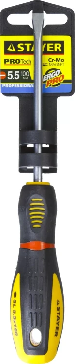 Отвертка STAYER "PROFI" "PROTech", двухкомп рукоятка, намагниченная, Cr-Mo, SL5,5x100мм 25131-05-10_z02 купить в Нягани