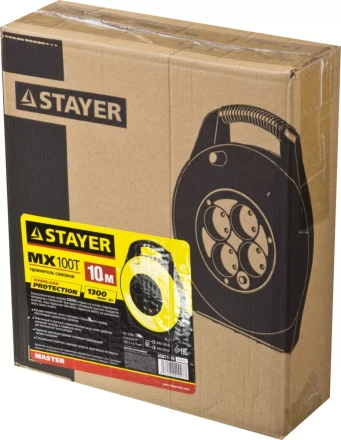 Удлинитель на катушке &quot;MX100T&quot;, 10 м, 4 гнезда, ПВС 2x0,75 кв мм, 1300 Вт, STAYER 55071-10 купить в Нягани