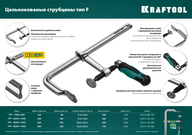 Струбцина KRAFTOOL FORGE тип F,цельнокованая 32014-080-160 купить в Нягани