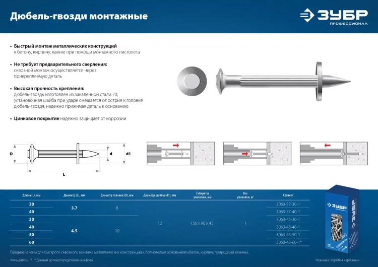 ЗУБР ДГМ, 40 x 3.7 мм, цинк, 1 кг, монтажный дюбель-гвоздь , Профессионал (3063-37-40-1) купить в Нягани
